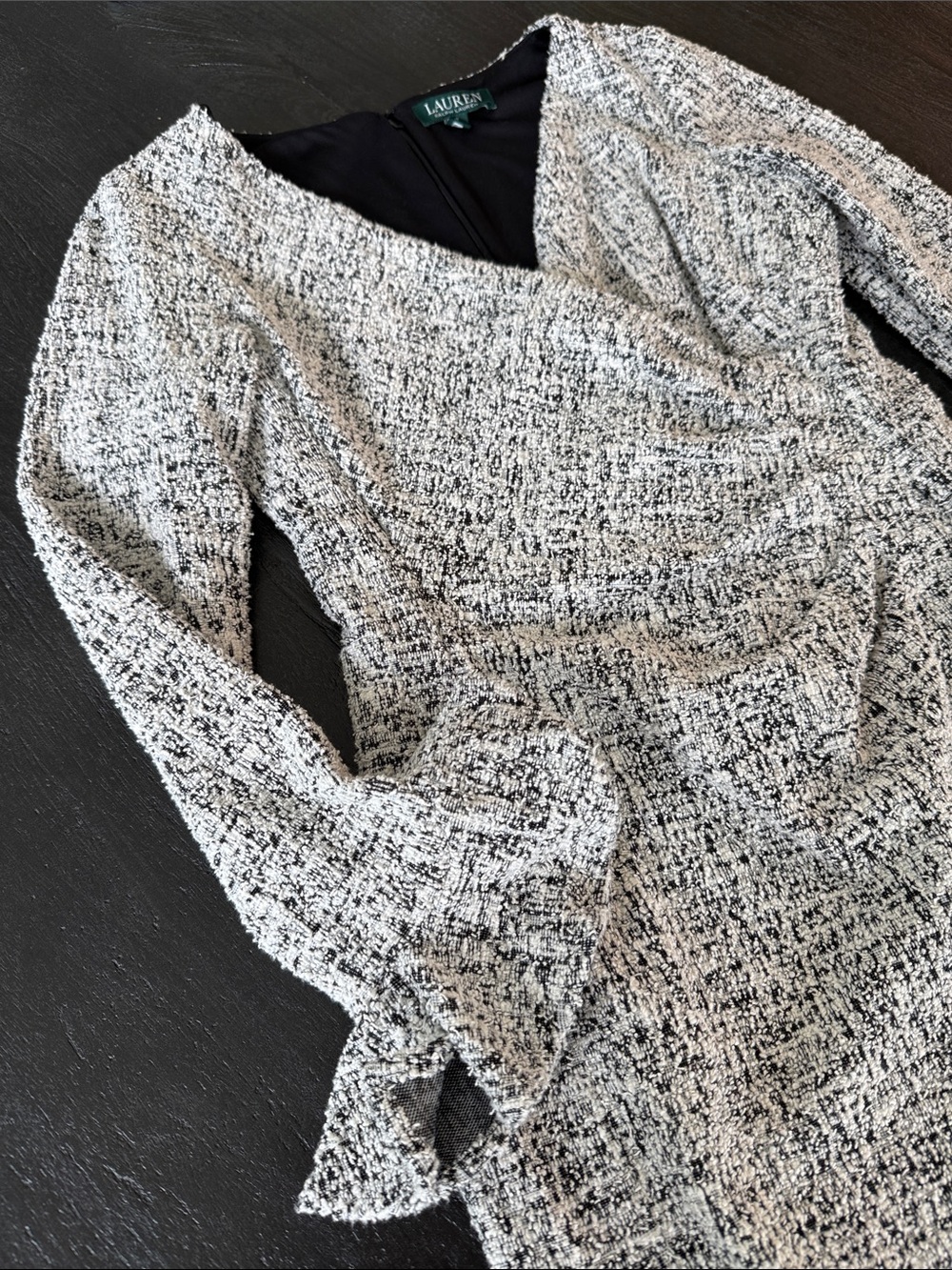 Lauren Ralph Lauren Black and White Tweed Wrap Long-Sleeve Dress